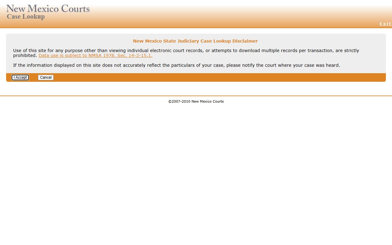 New Mexico Courts Case Lookup portal disclaimer and entry page