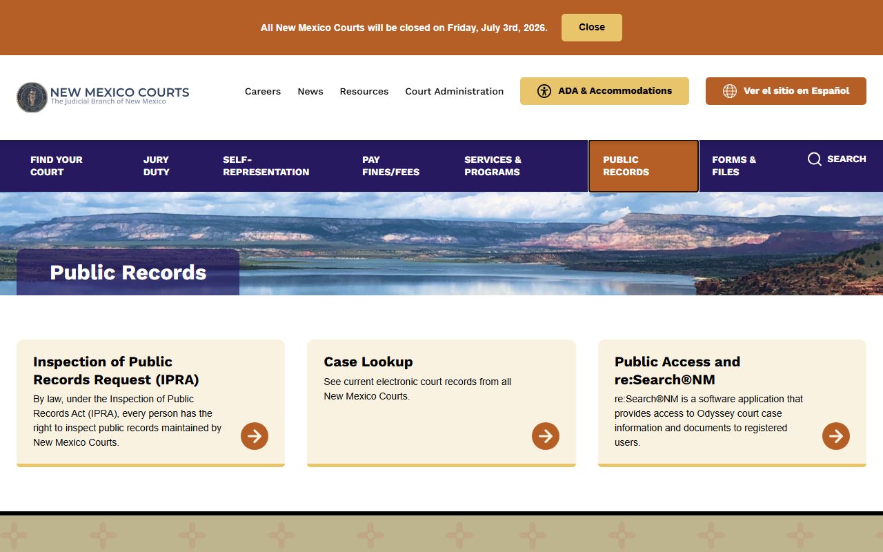 New Mexico Courts public records page with Case Lookup and IPRA links