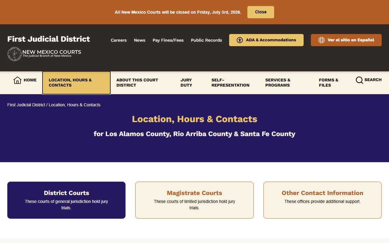 First Judicial District contact page for the Rio Arriba County District Courthouse