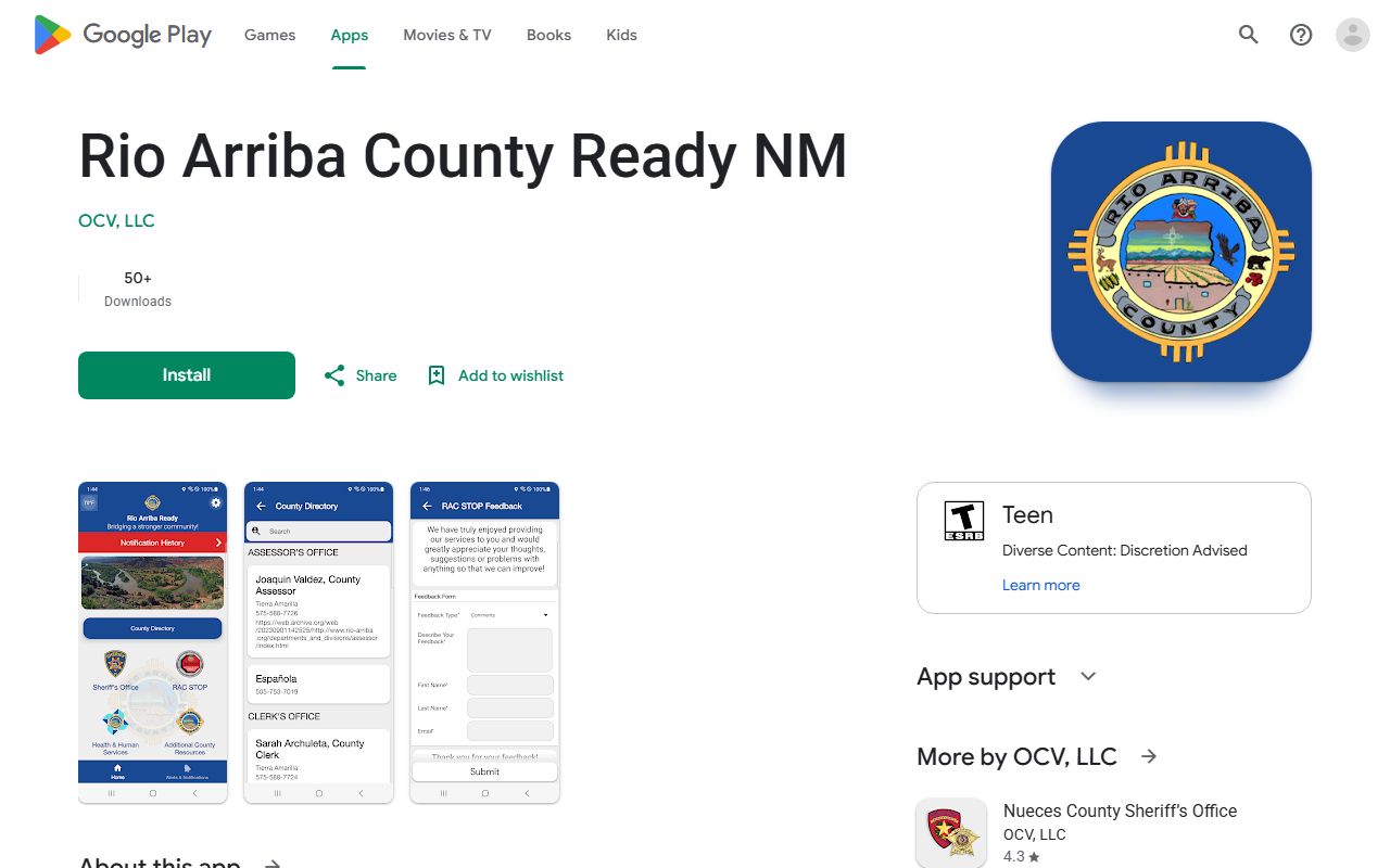 Google Play listing for the Rio Arriba Ready sheriff app